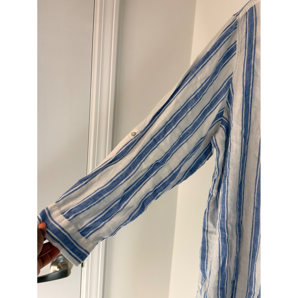 Tahari Linen Button Up Blouse Lagenlook Plus Blue White Striped Coastal 2X‎ - Picture 6 of 14